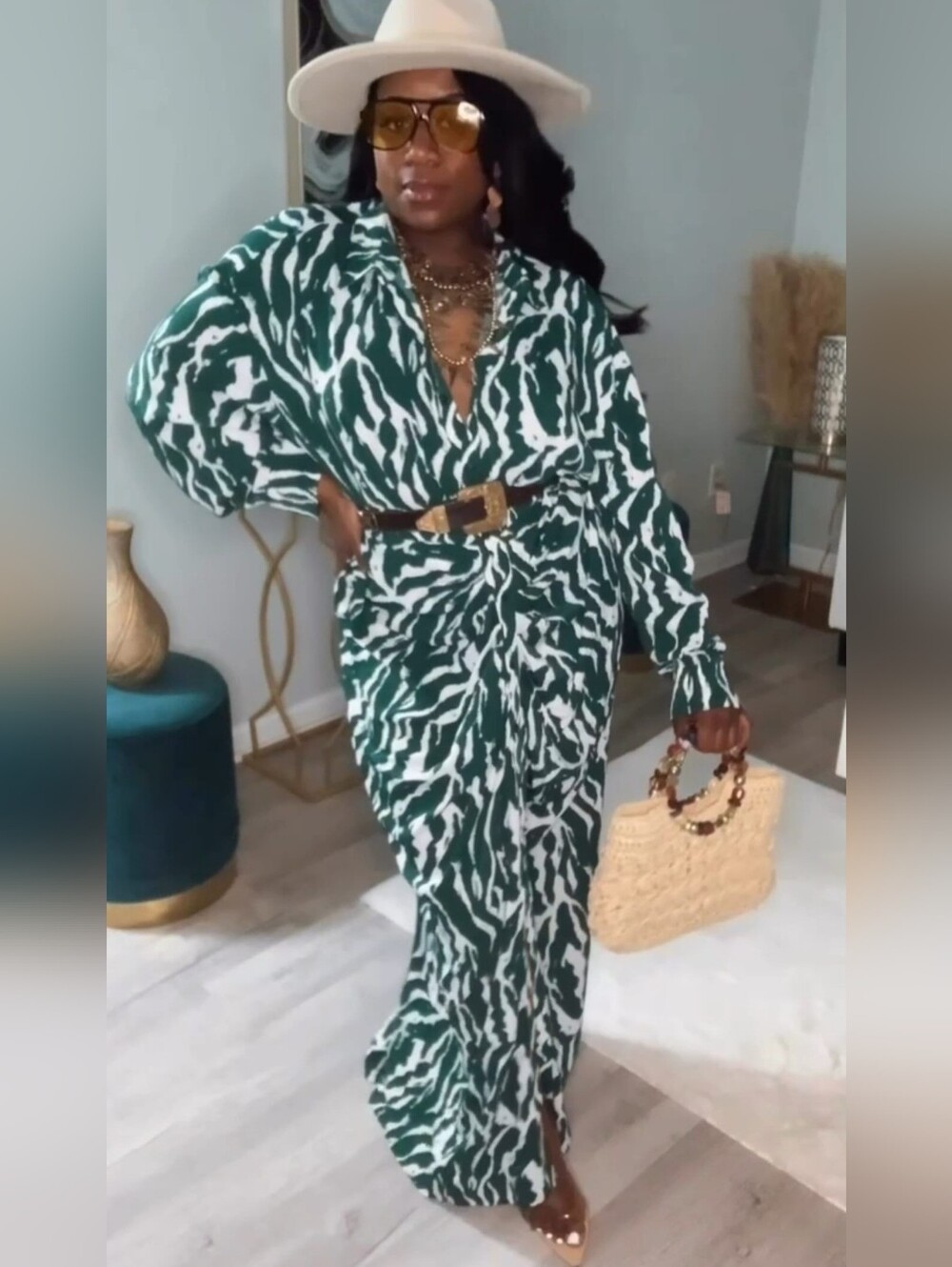 Fashion Nova Green and White Zebra-Print Maxi Dress - Size: 2X